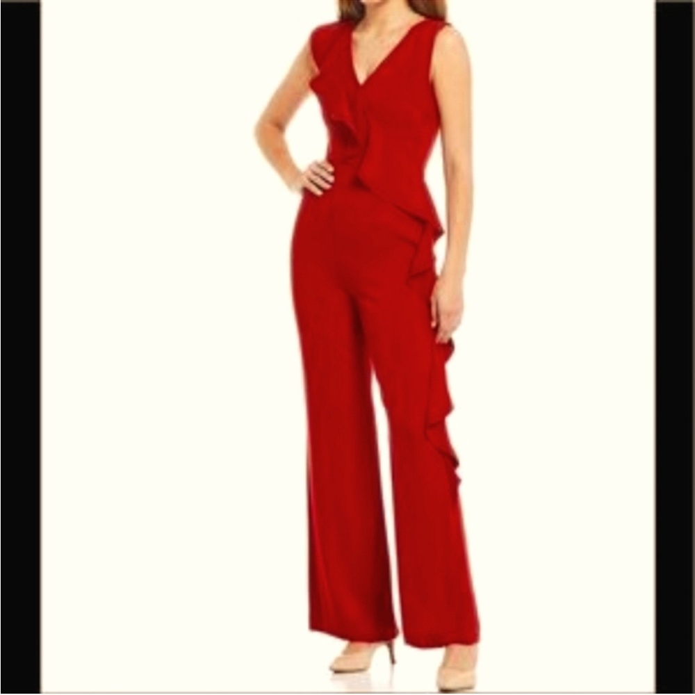 Antonio Melani Madison jumpsuit ruffle red V neck wide leg 14